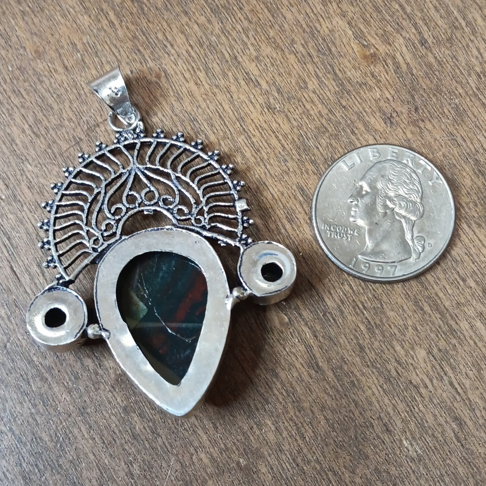 Incredible, X-Large,Hand Crafted Red,Green and Black Teardrop Bloodstone Pendant - Picture 2 of 5